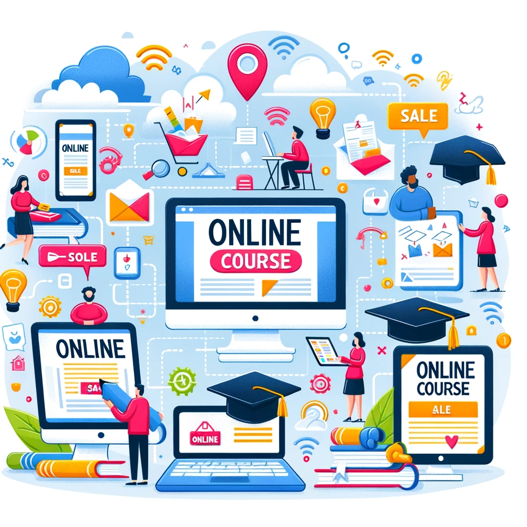 Personaggi giocosi interagiscono con piattaforme di corsi online tramite computer e tablet, con elementi come libri, cappelli da laurea, certificati e strumenti di apprendimento. Simboli di connettività online come nuvole e segnali Wi-Fi evidenziano l'aspetto online del servizio, in un'illustrazione semplice e colorata che enfatizza la comodità e l'accessibilità dell'apprendimento online e della vendita di corsi