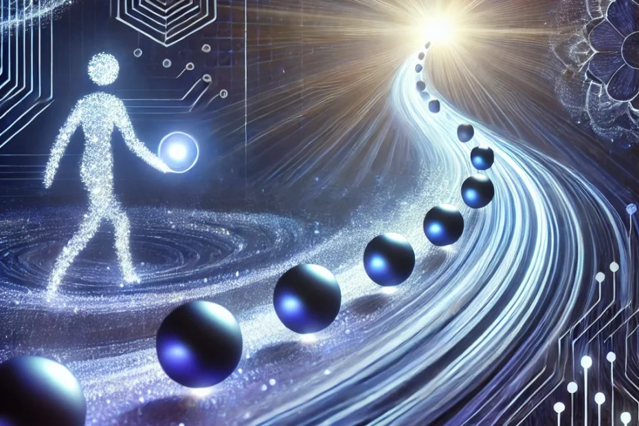 Immagine astratta che rappresenta il concetto di prompt progressivi, con una figura stilizzata che guida una serie di sfere luminose lungo un percorso, in tonalità blu e viola, con simboli digitali che evocano innovazione e intelligenza artificiale.