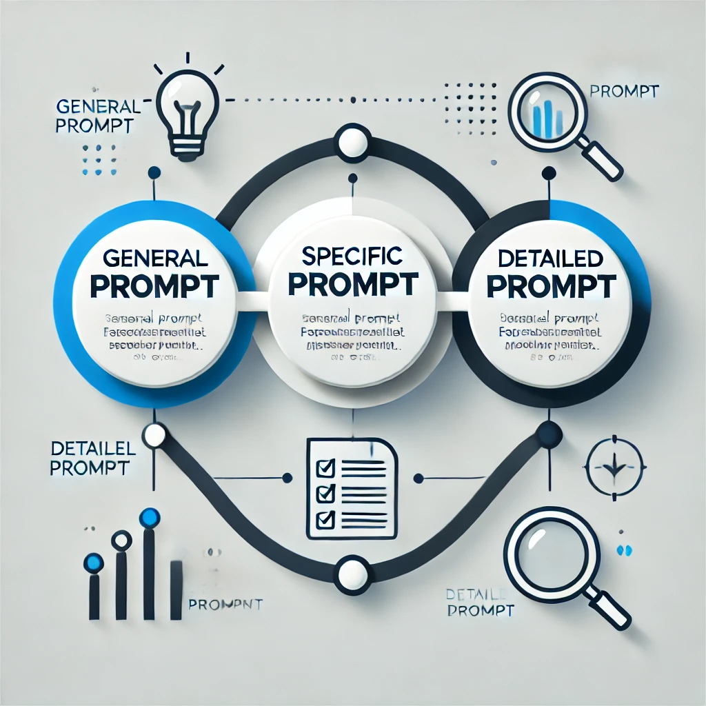 Diagramma professionale che rappresenta i prompt progressivi in ChatGPT, con tre passaggi: 'Prompt Generale,' 'Prompt Specifico,' e 'Prompt Dettagliato,' collegati da frecce orizzontali. Ogni passaggio è rappresentato da un'icona minimalista, come una lampadina per il Prompt Generale, una checklist per il Prompt Specifico, e una lente d'ingrandimento per il Prompt Dettagliato, con un design pulito e colori blu, grigio e bianco.