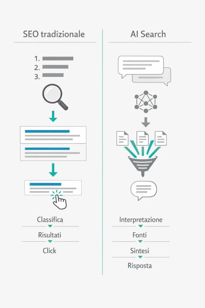 Infografica comparativa tra SEO tradizionale e AI Search: a sinistra il modello basato su ranking, risultati in elenco e click; a destra la ricerca AI con interpretazione della query, selezione delle fonti, sintesi delle informazioni e risposta generata. Design minimal con icone lineari e accenti teal.