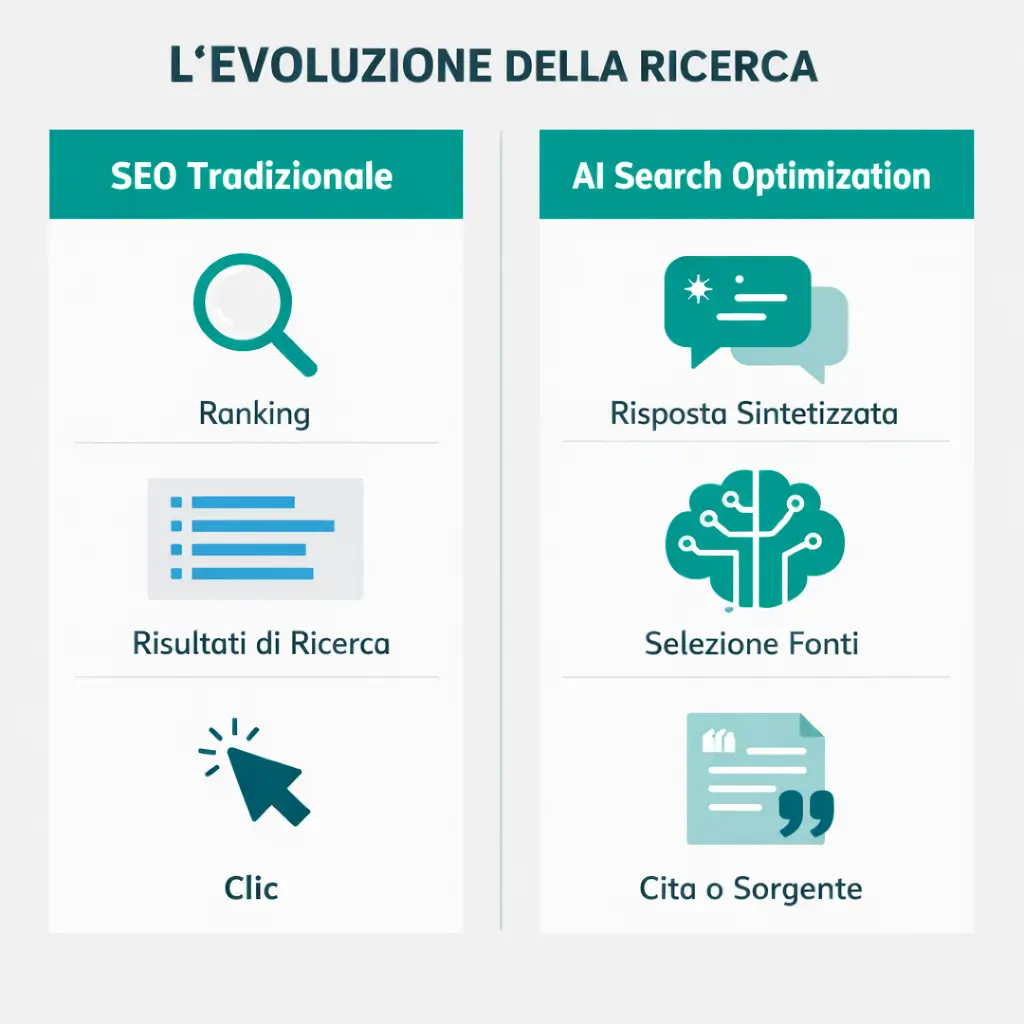 Infografica comparativa sull’evoluzione della ricerca: a sinistra la SEO tradizionale con ranking, risultati di ricerca e clic; a destra l’AI Search Optimization con risposta sintetizzata, selezione delle fonti e citazioni dirette o indirette.