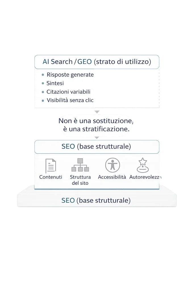 Infografica che mostra SEO e AI Search (GEO) come sistemi stratificati: la SEO costituisce la base strutturale fatta di contenuti, struttura del sito, accessibilità e autorevolezza; sopra di essa si colloca l’AI Search/GEO come strato di utilizzo, con risposte generate, sintesi, citazioni variabili e visibilità senza clic. Al centro il messaggio: “Non è una sostituzione, è una stratificazione”. Design minimale con accenti teal.