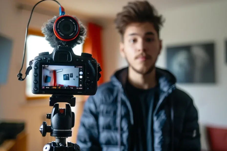 Creator che registra un video con fotocamera su treppiede in ambiente domestico moderno con luce naturale